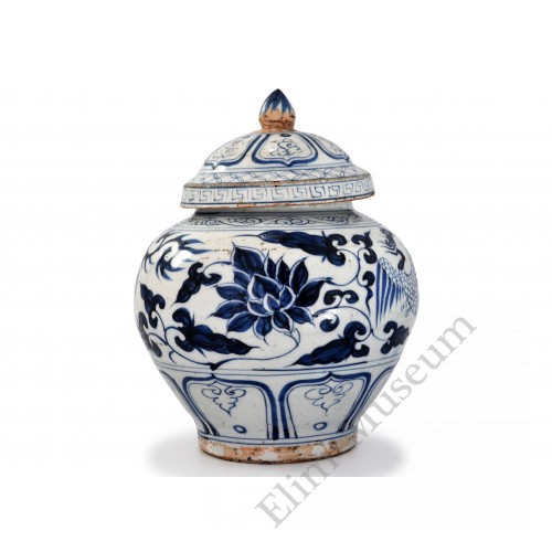 1385 Yuan B&W phoenix and peony jar